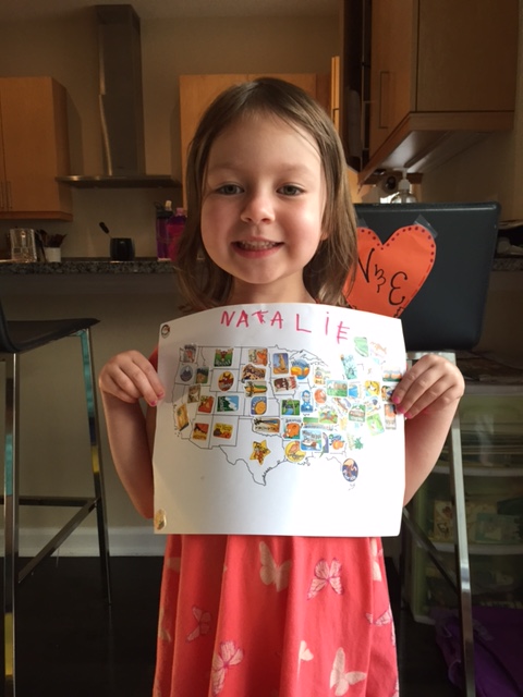 Here are the 50 states - why is Illinois represented by this old guy? (aka Abe Lincoln)  Btw, Natalie has been to 8 states - IL, WI, IN, MI, TN, NC, FL, PA.  Not bad for a 4 yr old.